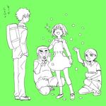  3boys child confetti fubuki_(one-punch_man) gakuran green_background matsuge_(one-punch_man) multiple_boys one-punch_man ponytail saitama_(one-punch_man) school_uniform short_hair sketch teenage translated una_(mazinger) yamazaru_(one-punch_man) younger 