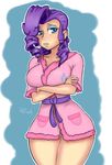  blue_eyes breasts crossed_arms drill_hair flcl-prinny large_breasts makeup mole mole_under_eye my_little_pony my_little_pony_friendship_is_magic personification purple_hair rarity robe signature solo 