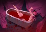  bath bath_of_blood bathtub blood blue_eyes claw_foot_bathtub claws curtains detached_sleeves elizabeth_bathory_(fate) elizabeth_bathory_(fate)_(all) fate/extra fate/extra_ccc fate_(series) flower fujimo_ruru highres horns long_hair nude pink_hair pointy_ears red_flower red_rose rose solo two_side_up 