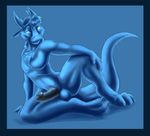  anthro balls black_penis bloo blue_eyes blue_fur blue_hair blue_theme claws digitigrade dragon erection fur hair horn humanoid_penis looking_away male nude penis plain_background pose solo spread_legs spreading toe_claws toes 