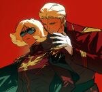  1boy 1girl blonde_hair blue_eyes brother_and_sister char&#039;s_counterattack char_aznable chinese_commentary commentary_request epaulettes gloves gundam hair_slicked_back highres jacket long_sleeves military military_uniform mobile_suit_gundam open_mouth red_background red_jacket sayla_mass shirt short_hair siblings simple_background sunglasses xiaohuangyu02460 zeon 