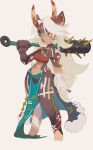  1girl absurdres aqua_cape aqua_loincloth arm_at_side boar boar_girl brown_fur cape closed_mouth digitigrade full_body fur-trimmed_cape fur_trim furry furry_female hand_up highres holding holding_weapon hooves horns jewelry koki_(ryoushikiha) loincloth long_hair looking_ahead midriff multicolored_eyes navel necklace orange_horns original over_shoulder panties red_eyes red_horns red_nails red_panties red_tube_top second-party_source side_part simple_background solo strapless tube_top tusks two-tone_eyes underwear very_long_hair waist_cape weapon weapon_over_shoulder white_background white_eyes white_hair 