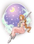  aerith_gainsborough bare_shoulders boots bow brown_hair crescent_moon dress final_fantasy final_fantasy_vii green_eyes hair_bow highres long_dress long_hair moon pink_dress ponytail shoes smile solo staff star uzumaki_(skydirt) very_long_hair 