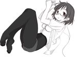  ass black_legwear bottomless breasts copyright_request crotch_seam feet glasses highres legs looking_at_viewer lying medium_breasts monochrome pantyhose retsumaru short_hair skindentation underboob 