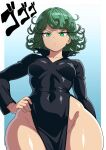  1girl black_dress blue_background breasts closed_mouth covered_navel dress from_below glaring green_eyes green_hair groin hand_on_own_hip highres looking_at_viewer medium_breasts menacing_(jojo) no_panties one-punch_man short_hair solo tatsumaki theoiledone wide_hips 