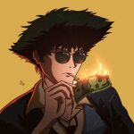  1boy a_better_tomorrow absurdres banknote battywanderer black_necktie blue_hair blue_suit cigarette commentary cowboy_bebop dollar_bill fire highres holding holding_money male_focus money necktie parody shirt short_hair smoking solo spike_spiegel suit sunglasses yellow_background yellow_shirt 