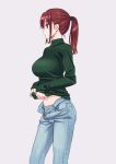  1girl blue_pants breasts brown_hair chinatsu_(suzutsuki_kurara) clothes_grab commentary_request cowboy_shot denim green_eyes green_sweater grey_background grey_panties hair_ornament hair_tie hairclip highres jeans large_breasts long_hair navel open_fly open_mouth original panties pants profile simple_background sleeves_past_wrists solo suzutsuki_kurara sweater underwear 