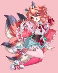 1girl :3 animal_ears antenna_hair arm_at_side asymmetrical_legwear bead_belt beads black_corset black_tail blue_skirt boots borrowed_character bow braid collared_shirt corset cropped_jacket curtained_hair double_bun footwear_bow fox_ears fox_girl fox_tail frilled_jacket frilled_skirt frills fur_hood green_boots hair_between_eyes hair_bow hair_bun hand_up highres jacket kamota_(momokomati) long_hair long_sleeves looking_back looking_to_the_side mismatched_legwear mole mole_under_eye multiple_tails open_mouth orange_tail original pantyhose pink_background pink_eyes pink_hair pink_jacket pink_pantyhose platform_boots red_bow red_socks ribbed_socks second-party_source see-through_pantyhose shirt shirt_tucked_in side_part sidelocks simple_background skirt socks solo tail thigh_strap twin_braids waist_bow white_pantyhose white_shirt white_tail wing_collar 
