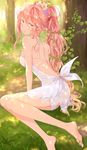  arm_support back bad_id bad_pixiv_id barefoot brown_eyes dress elf flower grass hair_flower hair_ornament highres legs long_hair looking_back okitsune_(okitsune-sama) original pink_hair pointy_ears ponytail sitting solo tree very_long_hair 