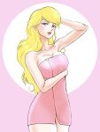  1girl aobito_sukoyaka_bystander arm_up blonde_hair blue_eyes breasts cleavage collarbone gundam highres icelina_eschonbach lipstick long_hair looking_at_viewer makeup mobile_suit_gundam naked_towel pink_background red_lips signature solo towel 