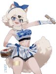  1girl alternate_costume animal_ears bare_shoulders bike_shorts_under_skirt black_hair black_sports_bra blue_bow blue_eyes blue_skirt blue_trim blush bow bow_skirt cheerleader colored_skin cowboy_shot crop_top drum extra_ears fur_collar gloves hair_between_eyes hair_bow highres instrument japari_symbol kemono_friends kunikuni_(kunihiro2005) midriff multicolored_hair multicolored_skin navel open_mouth pleated_skirt raccoon_ears raccoon_girl raccoon_tail shirt sidelocks skirt sleeveless smile solo sports_bra tail tanuki_(kemono_friends) two-tone_hair two-tone_skin white_fur white_gloves white_hair white_shirt white_skirt 