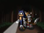  ambiguous_gender anthro arm_grab blue_eyes blue_fur canine flashlight forest fox fur gloves green_eyes hedgehog hi_res male mammal miles_prower multiple_tails nervous night outside sega shoes slenderman sonic_(series) sonic_the_hedgehog suit tentacles tree xrubimalonex yellow_fur 