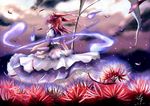  belt cloud cloudy_sky dress flower from_behind hair_bobbles hair_ornament hitodama light_particles long_hair onozuka_komachi petals puffy_short_sleeves puffy_sleeves red_hair scythe short_sleeves sky spider_lily touhou two_side_up wind xue_jiang 