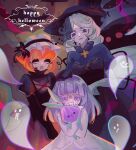  3girls :d ^_^ bags_under_eyes black_dress black_eyeshadow black_hairband black_shirt blue_eyes blunt_bangs bob_cut breasts closed_eyes closed_mouth colored_eyelashes commentary_request cookie_run cookie_run:_kingdom cookie_run:_ovenbreak cross cross-laced_clothes cross-laced_top crying crying_with_eyes_open dress elbow_gloves eyeshadow frilled_hairband frills ghost gloves grey_hair hairband hand_on_another&#039;s_head happy_halloween holding holding_stuffed_toy hugging_doll hugging_object humanization juliet_sleeves long_hair long_sleeves looking_at_viewer makeup mamimumemo medium_breasts multiple_girls onion_cookie open_mouth orange_dress orange_hair orange_sky outdoors own_hands_together parted_bangs peanut_mouth puffy_short_sleeves puffy_sleeves pumpkin_pie_cookie purple_eyes purple_hair shirt short_hair short_sleeves silk sky smile spider_web strapless strapless_dress stuffed_animal stuffed_rabbit stuffed_toy tears truffle_cookie turtleneck turtleneck_shirt very_long_hair white_dress white_eyelashes white_gloves 