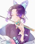  1girl absurdres black_hair butterfly_hair_ornament demon_slayer_uniform gradient_background hair_ornament haori highres holding holding_sword holding_weapon jacket japanese_clothes kimetsu_no_yaiba kochou_shinobu kuze_0131 long_sleeves one_eye_closed purple_eyes purple_hair purple_jacket short_hair sidelocks solo sword twitter_username upper_body weapon white_background 