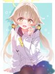  1girl black_pantyhose black_skirt blonde_hair blue_archive border green_background halo hifumi_(blue_archive) highres itsk_ne looking_at_viewer low_twintails open_mouth pantyhose pleated_skirt shirt sitting skirt solo star_(symbol) teeth twintails upper_teeth_only white_border white_shirt yellow_eyes yellow_halo 