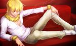  blonde_hair bracelet couch fate/zero fate_(series) gilgamesh jewelry licking_lips male_focus momopanda red_eyes snakeskin_print solo tongue tongue_out 