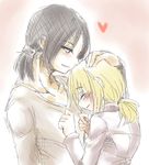  black_hair blonde_hair christa_renz freckles hand_on_another's_head happy heart kagosumi multiple_girls ponytail shingeki_no_kyojin ymir_(shingeki_no_kyojin) yuri 