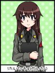  1girl anzio_military_uniform belt belt_buckle black_necktie black_shirt brown_eyes brown_hair buckle carpaccio_(girls_und_panzer) carpaccio_(old_design)_(girls_und_panzer) girls_und_panzer grey_jacket holding_board jacket long_hair long_sleeves necktie oosaka_kanagawa shirt smile 