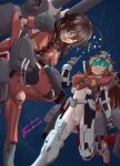  2girls ahoge armor artist_name assault_visor battle beam_rifle black_bodysuit black_hair blue_eyes blue_visor blush bodysuit braid breasts brown_eyes brown_hair cannon copyright_name cosplay dated earth_federation_space_forces energy_gun energy_sword gm_(mobile_suit) gm_(mobile_suit)_(cosplay) guncannon guncannon_(cosplay) gundam hair_flaps hair_over_shoulder hashtag-only_commentary imperial_japanese_navy kantai_collection long_hair mecha mecha_musume medium_breasts mobile_suit mobile_suit_gundam moke_ro multiple_girls robot science_fiction shigure_(kancolle) shigure_kai_ni_(kancolle) shiratsuyu_(kancolle) shiratsuyu_kai_ni_(kancolle) shoulder_cannon signature single_braid smile space sword torpedo_launcher twitter_username weapon white_bodysuit zero_gravity 