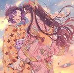  2girls alternate_costume black_hair butterfly_hair_ornament cherry_blossoms floral_print floral_print_kimono gradient_hair hair_intakes hair_ornament highres holding_hands japanese_clothes kimetsu_no_yaiba kimono kochou_kanae kochou_shinobu kuze_0131 leaf_print long_hair long_sleeves multicolored_hair multiple_girls orange_kimono pink_kimono print_kimono purple_hair red_hair short_hair very_long_hair wide_sleeves 