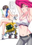  2girls armpits arms_up bottle breasts cleavage closed_eyes commentary_request grey_pants highres holding holding_bottle hot large_breasts multiple_girls navel nirasawa_hiyoko_(suzutsuki_kurara) open_mouth original pants pink_shirt robot shirt shirt_over_head simple_background sitting sports_bra stomach suzutsuki_kurara topless_female undressing water_bottle white_background white_sports_bra 
