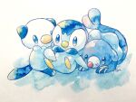  animal_focus blue_eyes bright_pupils full_body no_humans non_(kumakawayusu) oshawott painting_(medium) piplup pokemon pokemon_(creature) popplio signature simple_background traditional_media watercolor_(medium) white_background white_pupils 