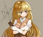  blonde_hair brown_eyes controller crossed_arms elbow_gloves ephtracy gloves long_hair looking_to_the_side remote_control school_uniform shokuhou_misaki short_sleeves silk smile solo spider_web sweater_vest tan_background to_aru_kagaku_no_railgun to_aru_majutsu_no_index upper_body white_gloves 