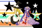  alternate_eye_color apron bad_id bad_pixiv_id black_footwear blonde_hair book crescent crystal dress full_body gr-project hat highres kirisame_marisa long_hair mary_janes multiple_girls no_nose patchouli_knowledge purple_dress purple_hair shoes sideways_glance sitting sparkle star striped striped_background touhou very_long_hair waist_apron witch_hat 
