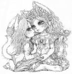  blush book cat_eyes chest_tuft clothed clothing couple duo eye_contact fangs feline female fur greyscale hair hand_on_stomach holding katzeh long_hair mammal monochrome plain_background ribbons sitting slit_pupils tail_bow tuft wavy_hair white_background 