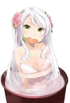  bad_id bad_pixiv_id bathing breast_hold breasts carrot drum_(container) drum_bath eve_santaclaus flower hair_flower hair_ornament idolmaster idolmaster_cinderella_girls large_breasts long_hair mouth_hold naked_towel solo totoki86 towel white_hair yellow_eyes 