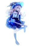  1girl :d alternate_costume arm_warmers bare_shoulders black_boots black_bow black_collar black_hat blonde_hair blue_dress boots bow collar commentary dress electric_guitar fang full_body guitar hair_bow hat highres holding holding_guitar holding_instrument instrument jewelry kirisame_marisa knee_boots long_hair looking_to_the_side music necklace open_mouth playing_guitar playing_instrument shinra-bansho simple_background skin_fang smile solo standing standing_on_one_leg strapless strapless_dress striped_arm_warmers tamagogayu1998 touhou very_long_hair white_background yellow_eyes 