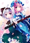  aqua_eyes bad_id bad_pixiv_id blue_dress dress hair_ribbon hat katana konpaku_youmu kusada_souta long_sleeves looking_at_viewer multiple_girls open_mouth petals pink_eyes pink_hair puffy_sleeves ribbon saigyouji_yuyuko scabbard sheath sheathed shirt short_hair short_sleeves silver_hair skirt skirt_set smile sword touhou triangular_headpiece veil vest weapon wide_sleeves 