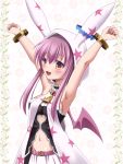  1girl armpits arms_up black_dress bracelet breasts dragon_girl dress emil_chronicle_online highres jewelry long_hair medium_breasts mitama_nanai navel open_mouth pink_hair pink_wings rabbit_ear_headwear skirt takanashi_tsukasa white_skirt wings yellow_eyes 