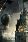  aircraft building cable city clock clock_tower cloud dirigible elizabeth_tower no_humans original rain scenery sky steampunk tower zeppelin 