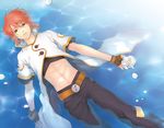  belt coat expressionless fingerless_gloves flower gloves green_eyes iwatsuki luke_fon_fabre lying male_focus midriff pants red_hair solo tales_of_(series) tales_of_the_abyss water 