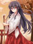  &gt;:) anti_(untea9) bamboo_broom black_hair blush broom cloud hair_between_eyes hakama japanese_clothes long_hair looking_at_viewer miko original red_eyes red_hakama ribbon-trimmed_sleeves ribbon_trim sky smile solo torii tree v-shaped_eyebrows 