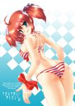 bikini butt_crack daitoshokan_no_hitsujikai from_behind green_eyes kodachi_nagi looking_back red_hair saano_chia solo striped striped_bikini swimsuit twintails 