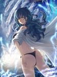  ass black_bra black_panties bra earrings electricity green_hair hands_on_hips highres jewelry light_smile long_hair looking_back open_clothes open_shirt original panties phate shirt solo thong underwear white_shirt yellow_eyes 
