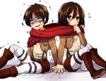  1girl belt boots brown_hair emblem eren_yeager jacket mikasa_ackerman paradis_military_uniform scarf shingeki_no_kyojin short_hair thigh_strap training_corps_(emblem) tyeinn-suineryuu 