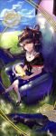  1girl black_cat black_hat black_shawl blue_sky brown_hair brown_shoes cat cloud coin commentary_request flower from_above gold_coin grass hat hat_ribbon highres holding holding_coin ishikawa_sparerib jizou knees looking_at_viewer medium_hair mountainous_horizon orange_eyes peony_(flower) purple_skirt red_ribbon ribbon shawl shirt shoes short_sleeves sitting sitting_on_throne skirt sky smile socks solo touhou tree usami_renko white_shirt white_socks yellow_flower 