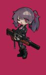  1girl absurdres black_boots black_gloves black_jacket black_pantyhose boots bow bullpup chibi commentary full_body girls&#039;_frontline girls&#039;_frontline_2:_exilium gloves gun hair_bow highres holding holding_gun holding_weapon jacket long_hair makiatto_(girls&#039;_frontline_2) necktie one_eye_closed open_clothes open_jacket open_mouth pantyhose purple_hair red_background red_bow red_eyes red_necktie rifle scope simple_background sniper_rifle solo standing suppressor symbol-only_commentary wa2000_(girls&#039;_frontline) walther walther_wa_2000 weapon zomzomzomsauce 