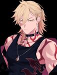  1boy absurdres arm_tattoo black_background black_jacket black_tank_top blonde_hair braid chest_tattoo earrings facial_tattoo gold_earrings gold_necklace gradient_hair hair_between_eyes highres honkai:_star_rail honkai_(series) jacket jewelry kbutstrhy looking_at_viewer male_focus medium_hair multicolored_hair mydei_(honkai:_star_rail) necklace off_shoulder open_clothes open_jacket ponytail red_hair red_tattoo side_braid simple_background solo tank_top tattoo toned toned_male upper_body yellow_eyes 