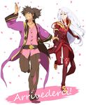  albino black_hair blue_eyes boots coat duke_pantarei enomoto_(luck-by-luck) full_body grin holding_hands long_hair male_focus multiple_boys pants petals ponytail raven_(tales) red_eyes running shirt shoes smile tales_of_(series) tales_of_vesperia white_background white_hair 