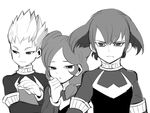  2boys alpha_(inazuma_eleven) bad_id bad_pixiv_id beta_(inazuma_eleven) frown gamma_(inazuma_eleven) greyscale inazuma_eleven_(series) inazuma_eleven_go inazuma_eleven_go_chrono_stone looking_at_viewer monochrome motojima_hakka multiple_boys no_pupils protocol_omega simple_background smile soccer_uniform sportswear upper_body white_background 