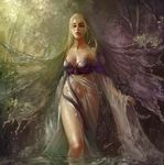  bad_id bad_pixiv_id bare_shoulders blonde_hair blue_eyes breasts cleavage dress forest hins large_breasts lips long_hair long_sleeves nature original solo standing tree water wet 