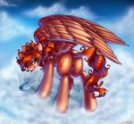  brown_fur butt cloud curly_hair cutie_mark equine female feral fur green_eyes hair hooves horse limrei long_hair looking_at_viewer mammal my_little_pony outside pegasus pony pussy red_hair sky solo standing tongue tongue_out watermark wings 