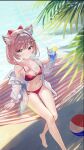  1girl absurdres animal_ears babupipi ball bare_legs bare_shoulders barefoot beachball bikini bluedok_(o-ni) breasts brown_hair cat_ears cleavage closed_mouth cup drinking_glass hammock highres holding holding_cup indie_virtual_youtuber long_sleeves looking_at_viewer medium_breasts navel off_shoulder open_clothes open_shirt outdoors red_bikini red_eyes shirt short_hair side-tie_bikini_bottom smile solo stomach string_bikini swimsuit thighs virtual_youtuber wakum white_shirt 