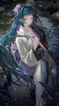 1girl absurdres arknights black_hair black_kimono black_sash blue_eyes ergouzi_echo flower hair_flower hair_ornament hair_wings highres holding holding_sword holding_weapon japanese_clothes kimono long_hair long_sleeves mio_(arknights) obi obiage obijime pink_flower ripples sash solo sword two-tone_kimono very_long_hair wakizashi water weapon white_kimono wide_sleeves 