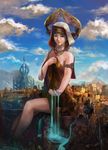 absurdres bad_id bad_pixiv_id brown_hair building cityscape floating_island giant giantess green_eyes head_wings highres hins hood jewelry necklace original short_hair sitting solo water waterfall 